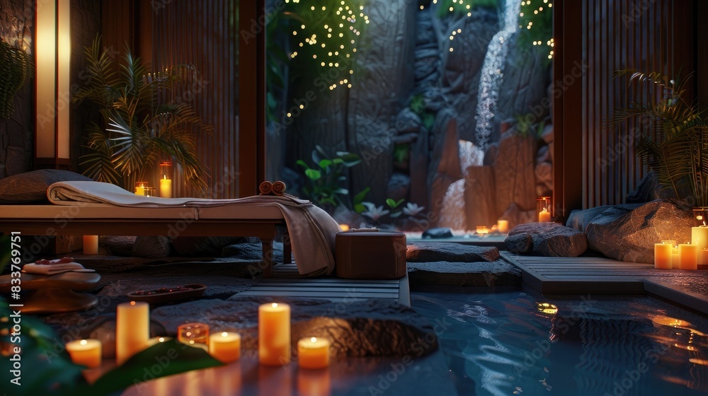 A serene spa setting with candles, a massage bed, and a tranquil atmosphere for relaxation and wellness.