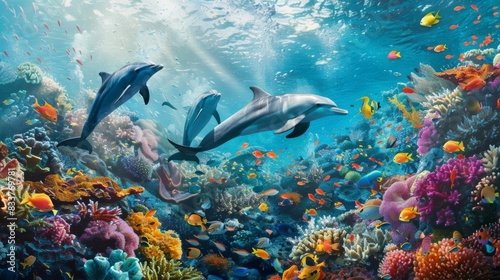 Aerial view of dolphins swimming near a coral reef, with colorful fish and marine life around them.