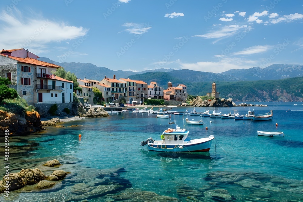 Picturesque Seaside Village with Boats Moored in the Tranquil Harbor Picturesque Seaside Village with Boats Moored in the Tranquil Harbor