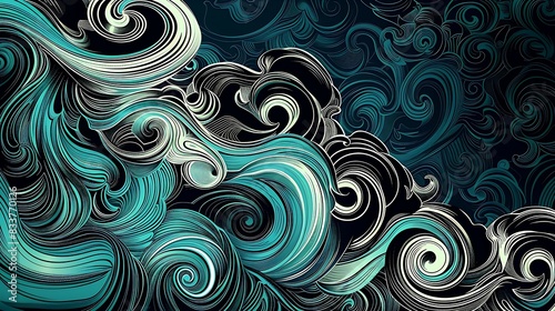An abstract background of blue and green waves. The waves are made of a series of swirls and flourishes, almost like a paisley pattern. photo