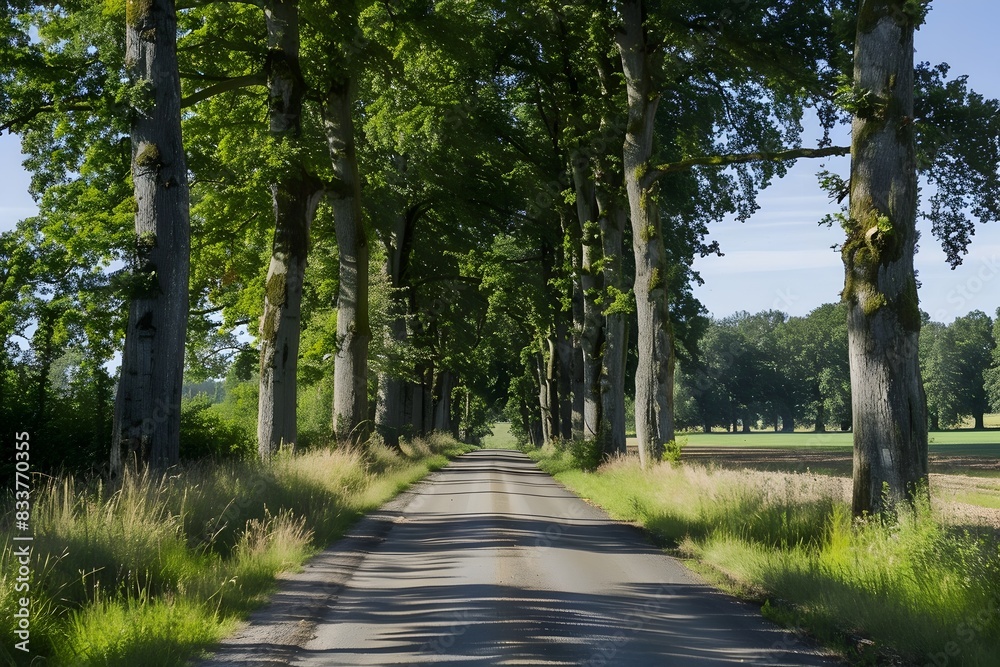 Quiet Country Road Lined with Tall Trees in Peaceful Rural Landscape Quiet Country Road Lined with Tall Trees in Peaceful Rural Landscape
