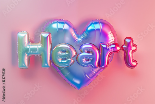 Vibrant image of iridescent balloons spelling "Heart" with a matching heart-shaped balloon in the background. Soft pink gradient backdrop, perfect for love and celebration themes.