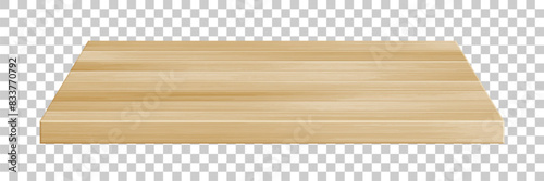 Wooden table surface perspective view. Vector realistic light brown plank tabletop isolated on transparent background. 3d interior design element. Wood board top, timber board for mock up, design.