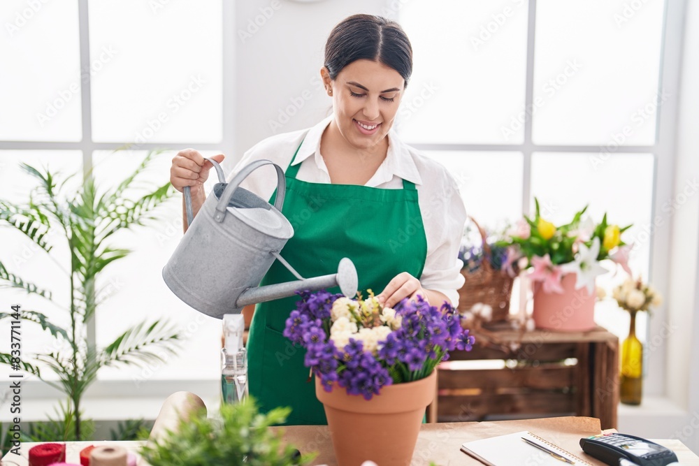 Young beautiful hispanic woman florist watering plant at flower shop Young beautiful hispanic woman florist watering plant at flower shop