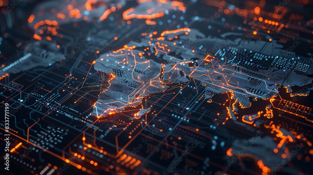 Digital world map on futuristic hologram screen with orange lights and circuit board elements Digital world map on futuristic hologram screen with orange lights and circuit board elements