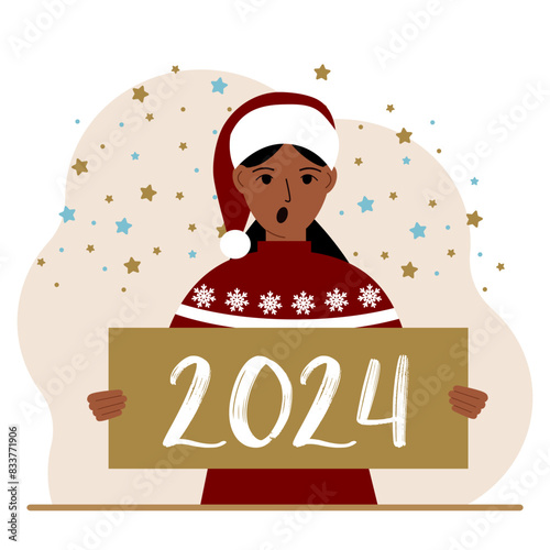 A woman in a Christmas red hat with snowflakes holds a Happy New Year 2024 card. Vector flat illustration