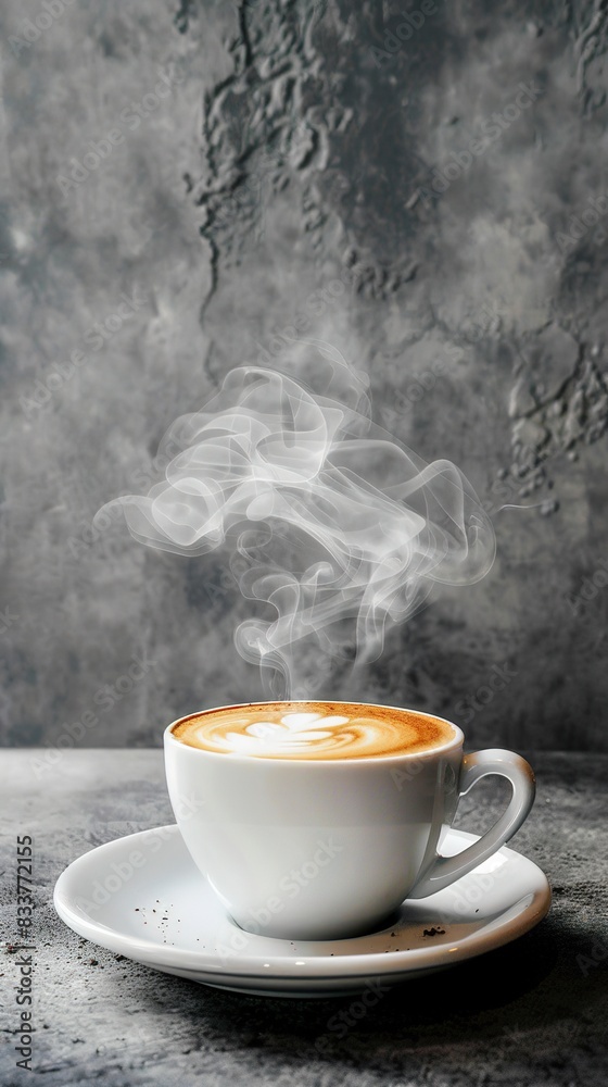 steam gently rising from cappuccino coffee cup against rustic concrete grey wall, emphasizing warmth and relaxation, copyspace for text steam gently rising from cappuccino coffee cup against rustic concrete grey wall, emphasizing warmth and relaxation, copyspace for text