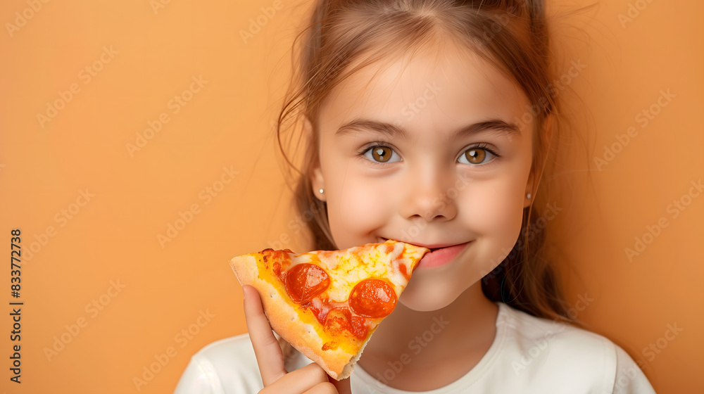 Niña sonriendo mientras come una pizza Niña sonriendo mientras come una pizza
