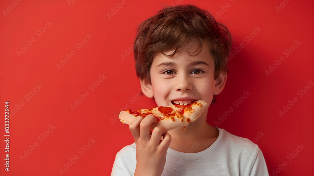 Niño sonriendo mientras come una pizza Niño sonriendo mientras come una pizza