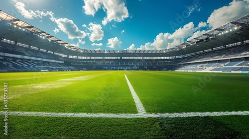 Huge and empty soccer stadium with green field, white lines and bright blue sky with white clouds on background.