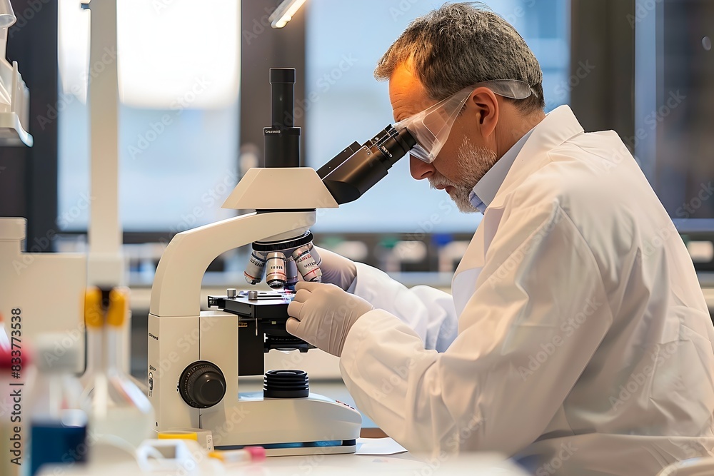 Scientist Examining Samples Under Microscope in Laboratory