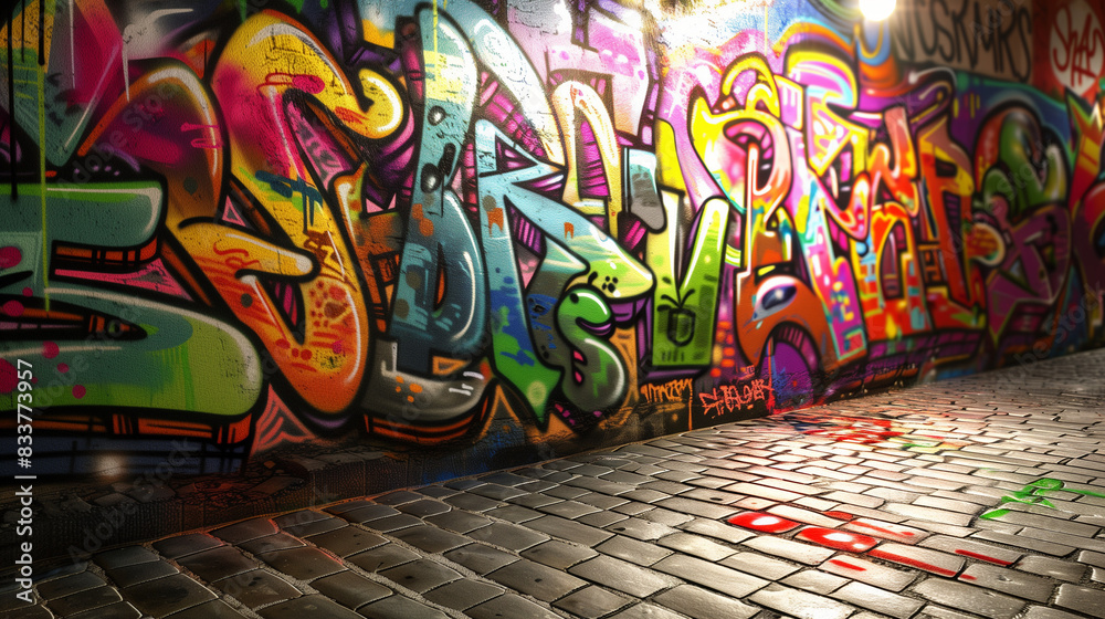 Urban Canvas of Creativity: Colorful Graffiti Art on a Weathered Brick Wall, Illuminated by the Warm Glow of Street Lights, Capturing the Vibrant Essence of Street Art Urban Canvas of Creativity: Colorful Graffiti Art on a Weathered Brick Wall, Illuminated by the Warm Glow of Street Lights, Capturing the Vibrant Essence of Street Art