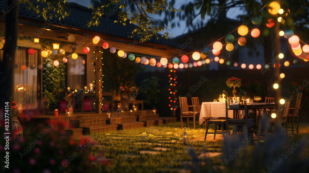 Enchanted Evening in the Garden: A Serene Backyard Setup with Twinkling Lights and a Beautifully Set Table, Perfect for a Night of Dining and Relaxation Under the Stars Enchanted Evening in the Garden: A Serene Backyard Setup with Twinkling Lights and a Beautifully Set Table, Perfect for a Night of Dining and Relaxation Under the Stars