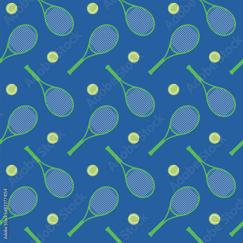 A colorful illustration background design on a blue background with a green tennis racket and tennis ball concept.