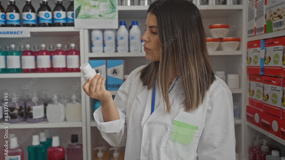 A young hispanic woman pharmacist examines medication in a well-stocked pharmacy interior