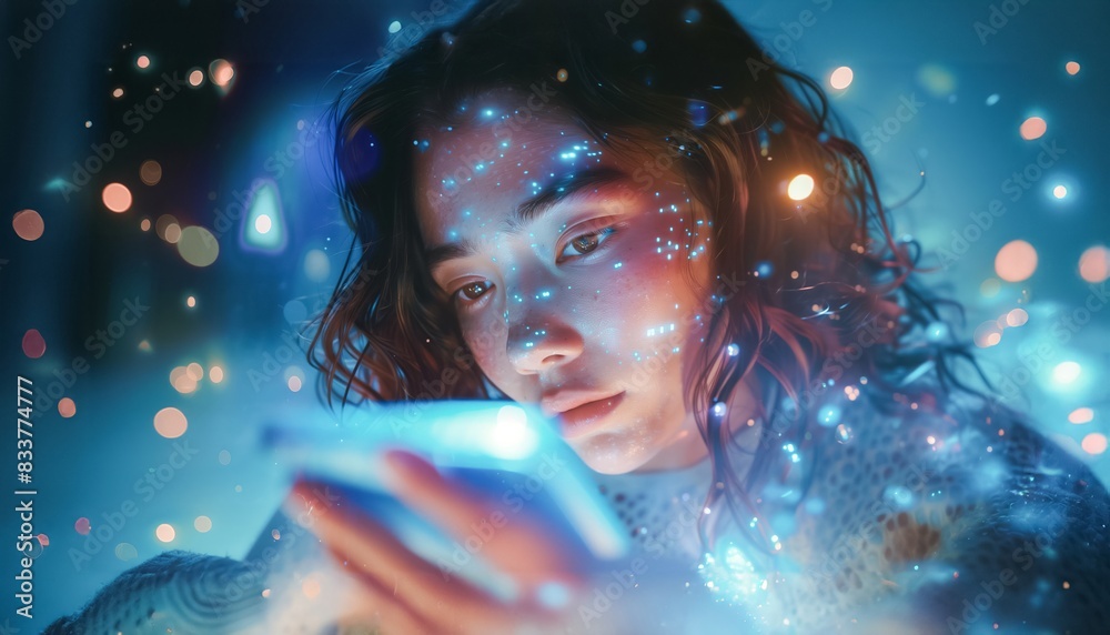 A model holding phone at Bathed in Ethereal Bokeh Lights, Weaving a Tapestry of Mystery and Fantasy in a Celebration of Texture and Light A model holding phone at Bathed in Ethereal Bokeh Lights, Weaving a Tapestry of Mystery and Fantasy in a Celebration of Texture and Light