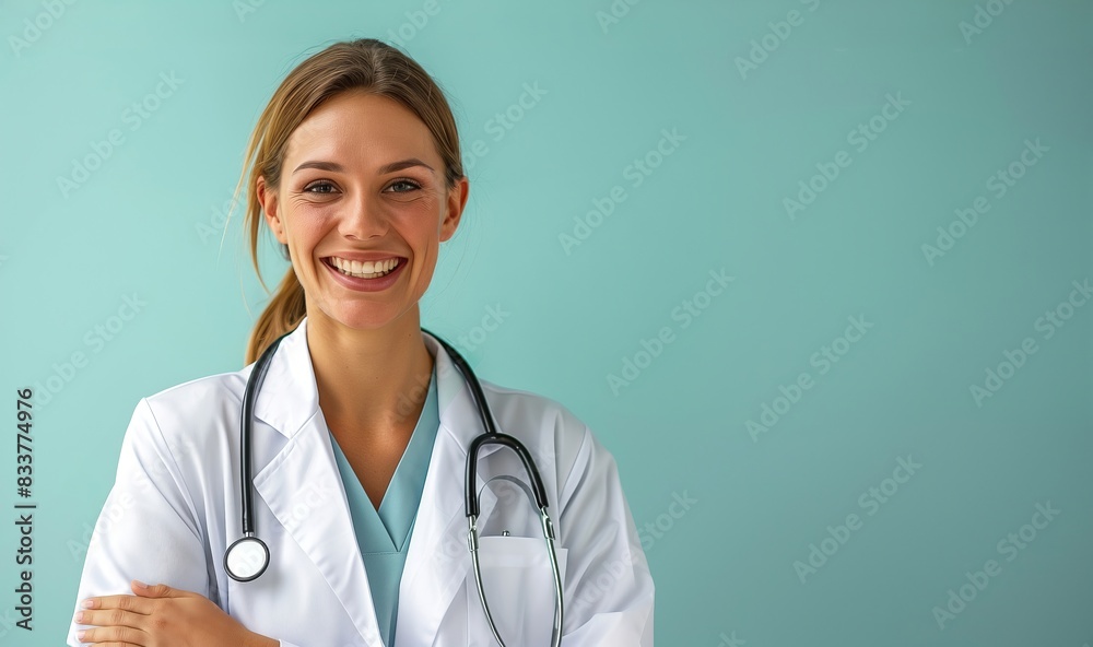 Healthcare Professional in White Lab Coat with Stethoscope, Symbolizing Medical Expertise in a Teal Background Setting Healthcare Professional in White Lab Coat with Stethoscope, Symbolizing Medical Expertise in a Teal Background Setting