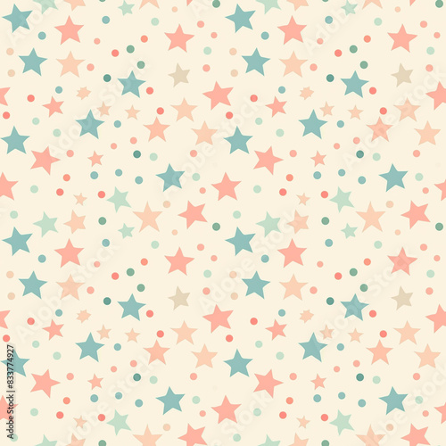 Seamless pattern with simple stylized stars and dots in soft pastel colors. A gentle and playful starry night theme.