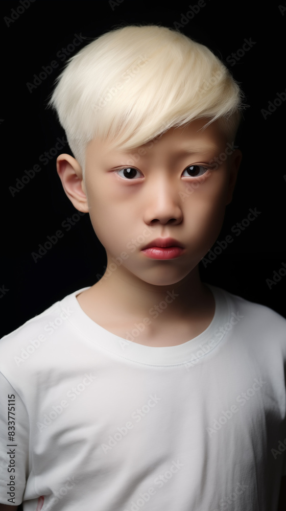Close-up of an albino boy wearing a white T-shirt. Intense and thoughtful facial expression, highlighting its unique features Close-up of an albino boy wearing a white T-shirt. Intense and thoughtful facial expression, highlighting its unique features