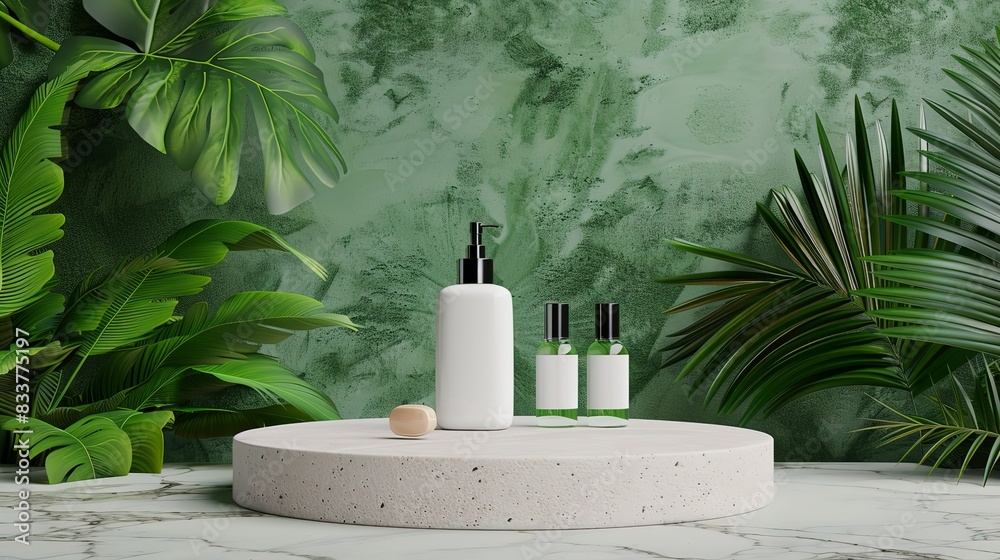 podium stand with tropical leaves background. Empty natural stone pedestal platform to display beauty product. generative ai podium stand with tropical leaves background. Empty natural stone pedestal platform to display beauty product. generative ai