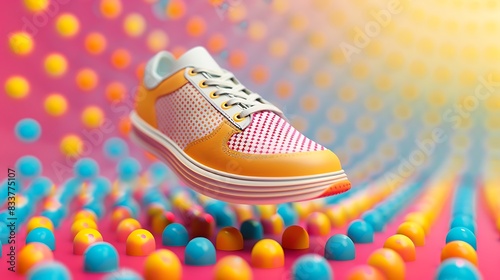 Colorful 3D rendering of a sneaker floating above an array of pastel-colored spheres. photo