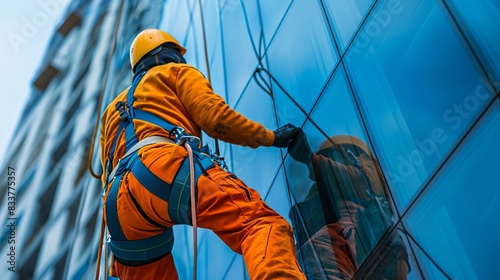 a worker in an orange safety suit, helmet, and harness, meticulously cleaning or inspecting the exterior blue glass facade of a high-rise building