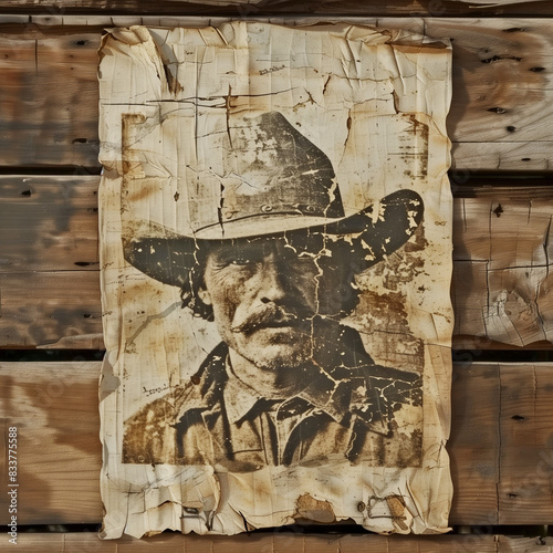 Wanted Poster of an Outlaw on a Weathered Wooden Wall