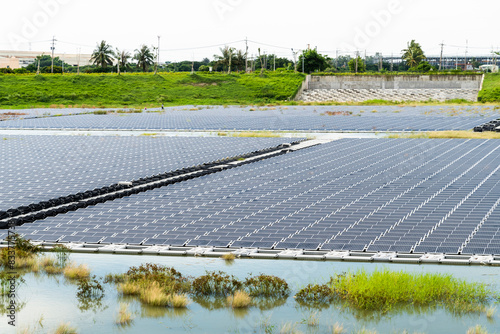 View of the floating Solar power system on the flood detention basin in Kaohsiung, Taiwan.