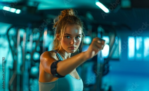 Woman in a modern gym, engaged in a workout with fitness tracker on her arm, presenting its benefits for well-being. Energetic blue-toned lighting bathes the scene surrounded by exercise equipment.