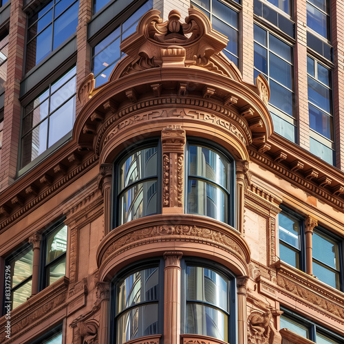 A close-up of the facade of a historic building in the city centre, showing the ornate architectural details, curved windows and intricate carvings in warm sunlight, combining classic design with mode