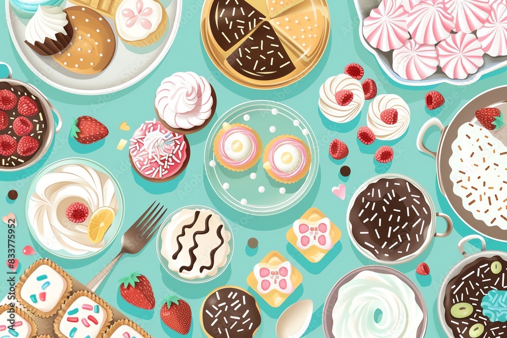 Dessert recipes flat design top view baking cartoon drawing Triadic color scheme