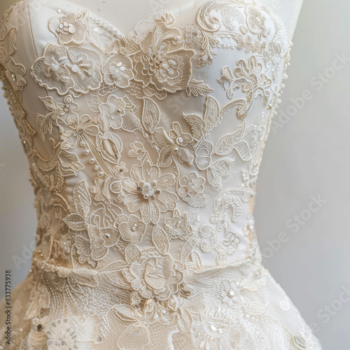 An elegant close up of a wedding dress on a mannequin showing off the intricate lace embroidery with floral patterns, perfect for bridal fashion and design inspiration.