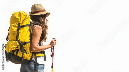 Woman traveler with yellow hiking backpack and hiking stiks enjoys the scenery. active lifestyle. wanderlust isolated on white background, realistic, png
 photo