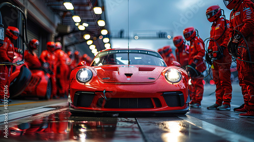 Professional pit crew ready for action as their team's race car arrives in the pit lane during a pitstop of a car race, concept of ultimate teamwork