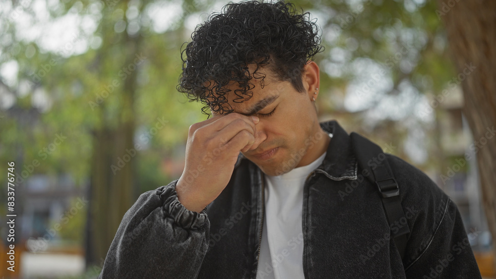 A stressed young hispanic man in casual attire rubbing his eyes in a city park setting. A stressed young hispanic man in casual attire rubbing his eyes in a city park setting.