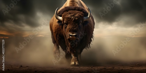 The Majestic Bison: A Symbol of Strength and Grace. Concept Wildlife Conservation, American National Animal, Bison History, Prairie Ecosystem, Bison Symbolism photo