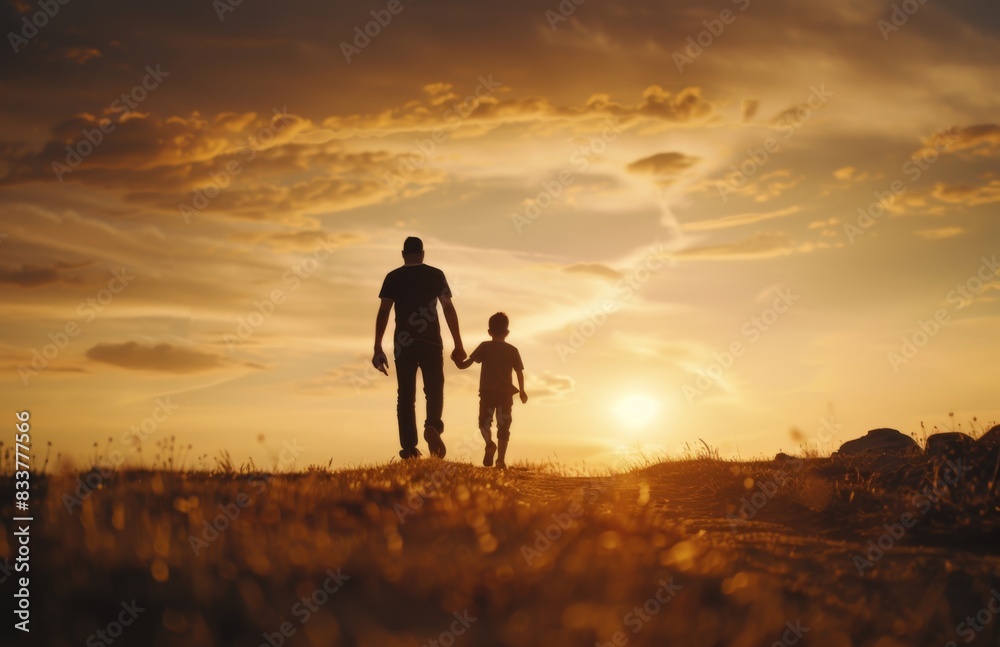 Golden Hour Cinematic Silhouette: Father and Son Walking Hand in Hand on the Horizon. Golden Hour Cinematic Silhouette: Father and Son Walking Hand in Hand on the Horizon.