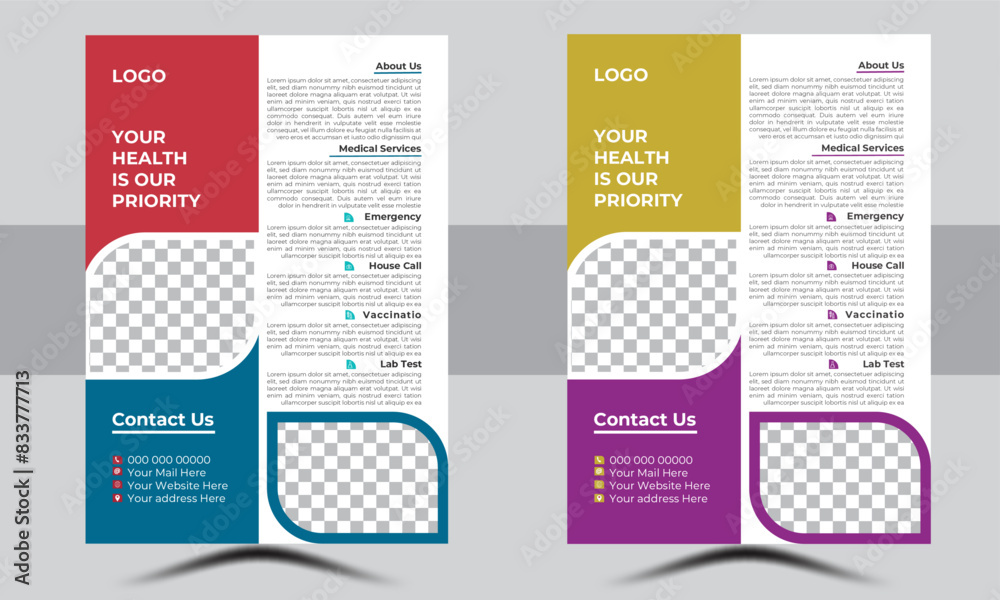 A bundle of two templates of different colors A4 flyer template ,creative corporate healthcare and medical flyer. Vector abstract design. A bundle of two templates of different colors A4 flyer template ,creative corporate healthcare and medical flyer. Vector abstract design.