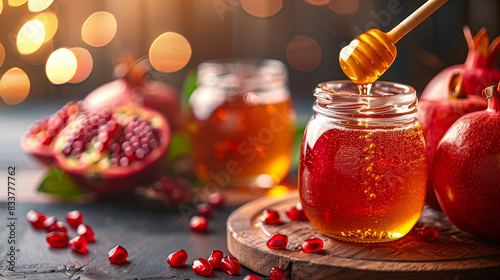 Rosh Hashanah concept, closeup on dripping honey in a honey jar with and pomegranate seeds around it on a granite table photo
