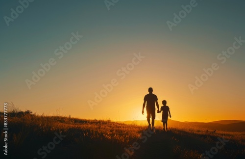 Golden Hour Cinematic Silhouette  Father and Son Walking Hand in Hand on the Horizon.