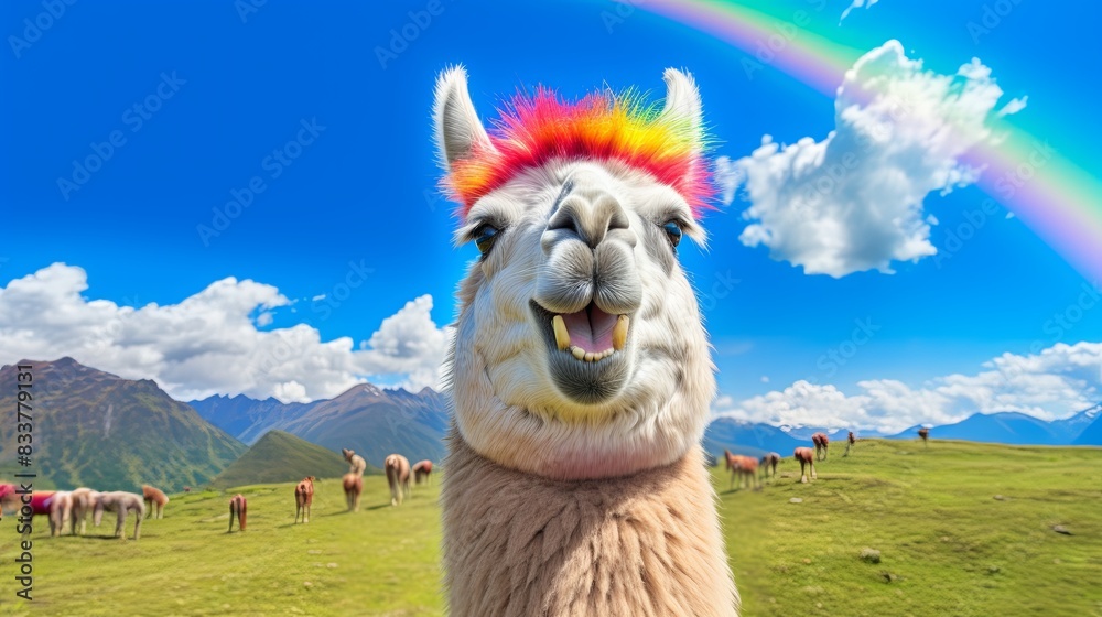 Rainbow-Haired Llama in the Andes, A cheerful llama with vibrant rainbow-colored hair stands out against the scenic backdrop of the Andes mountains.