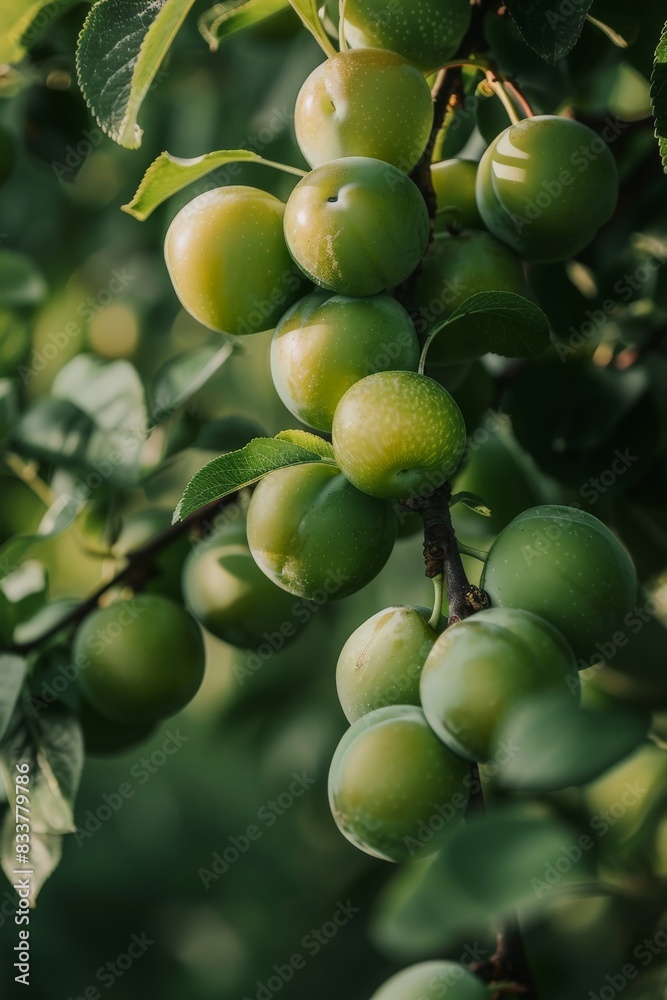 Ripe Green Plums Hanging From A Branch In A Summer Orchard Ripe Green Plums Hanging From A Branch In A Summer Orchard