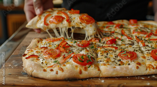 Closeup on hand taking a slice of cheesy stringy homemade tomatoes pizza on a wood tray
