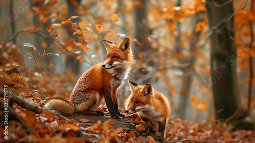 A mother fox and her cub sit in an autumnal forest, surrounded by vibrant fall foliage.
