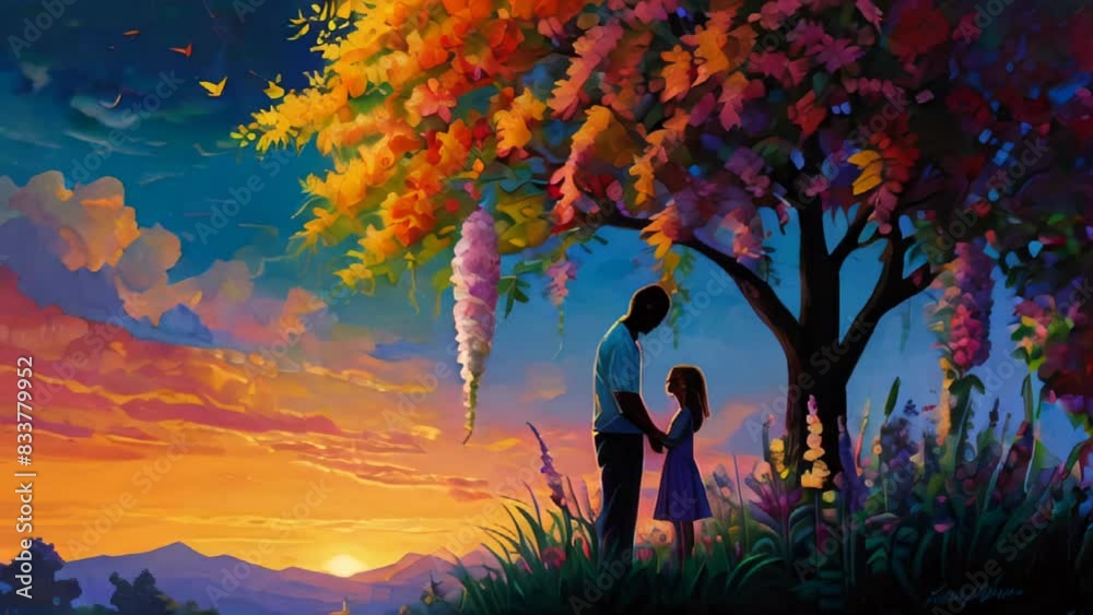 a vibrant digital painting art style of a father and son on garden at timelapse sunset view with copy space area. Suitable for Happy Father's Day etc. a vibrant digital painting art style of a father and son on garden at timelapse sunset view with copy space area. Suitable for Happy Father's Day etc.