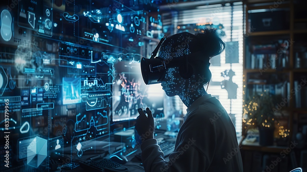 A person wearing a VR headset interacts with a digital interface filled with data and information.  The scene suggests a future of immersive technology and data visualization.