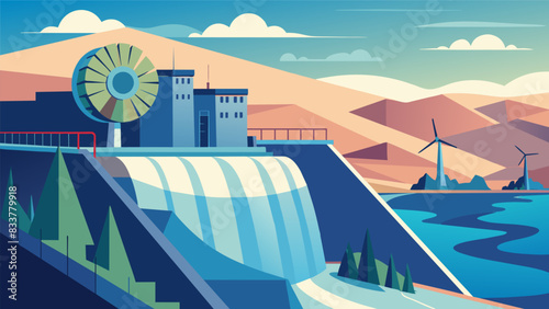 At the edge of a large dam a massive turbine turns relentlessly converting the power of a vast reservoir into the electricity needed to power a. Vector illustration