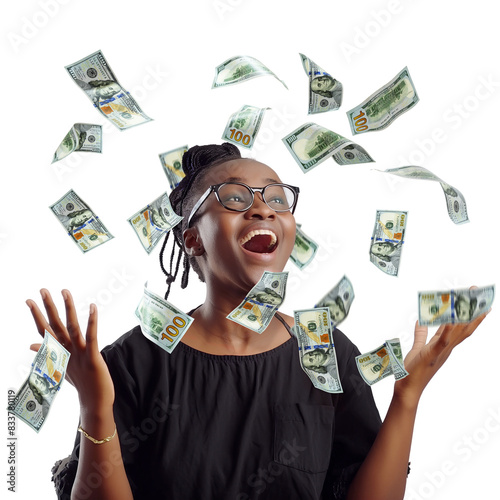 US dollar notes raining on black African woman wearing glasses with braids excited looking up with hands in the air over transparent background