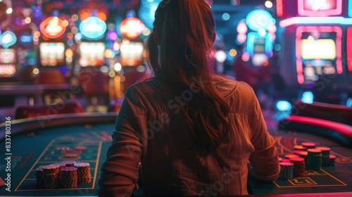 A woman seated at a poker table in a neon-lit casino, surrounded by gambling chips and playing cards at night.