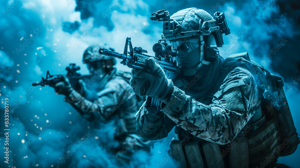 Armed special forces soldiers in tactical equipment. Their professionalism and concentration are visible in the posture of their bodies, which emphasizes their preparation for combat action. Armed special forces soldiers in tactical equipment. Their professionalism and concentration are visible in the posture of their bodies, which emphasizes their preparation for combat action.